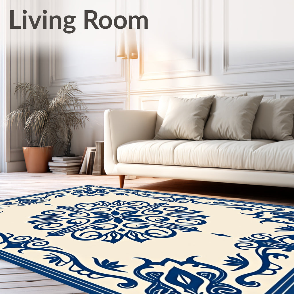 Classic Blue Ivory Scrollwork Medallion Rug