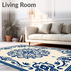 Classic Blue Ivory Scrollwork Medallion Rug
