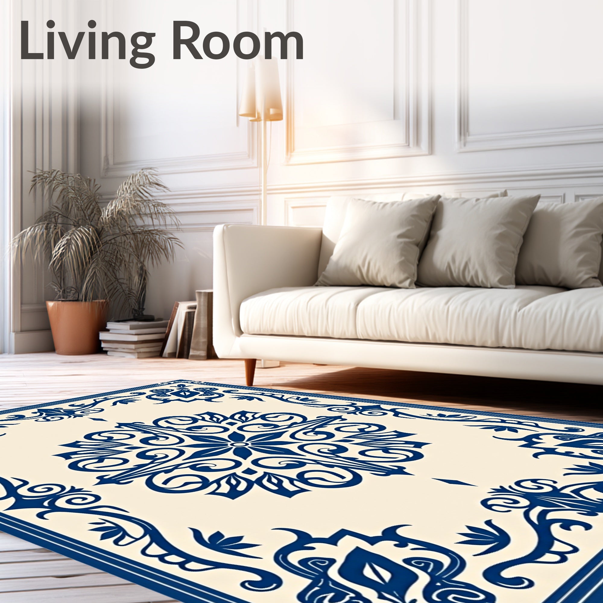 Classic Blue Ivory Scrollwork Medallion Rug