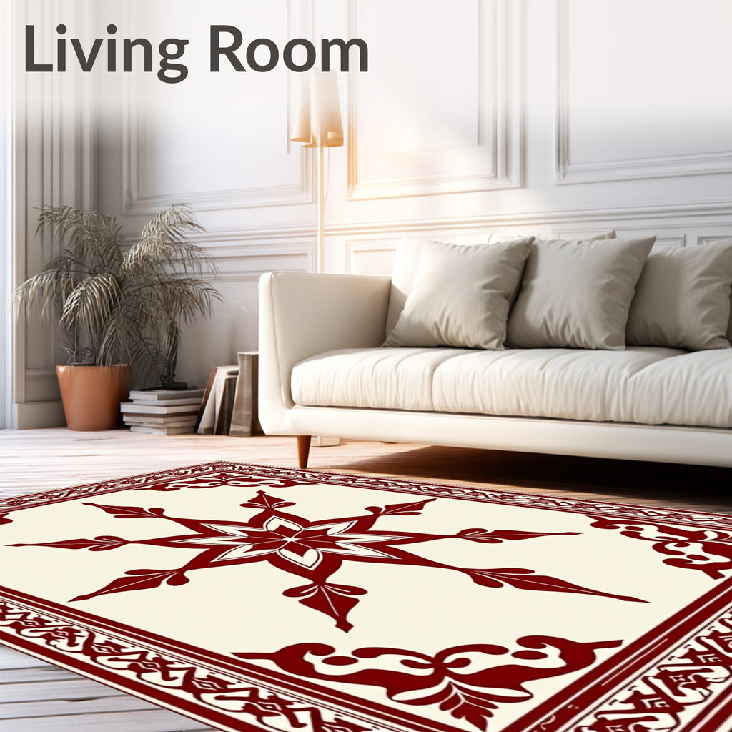 Crimson Starburst and Scrollwork Border Rug