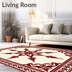 Crimson Starburst and Scrollwork Border Rug