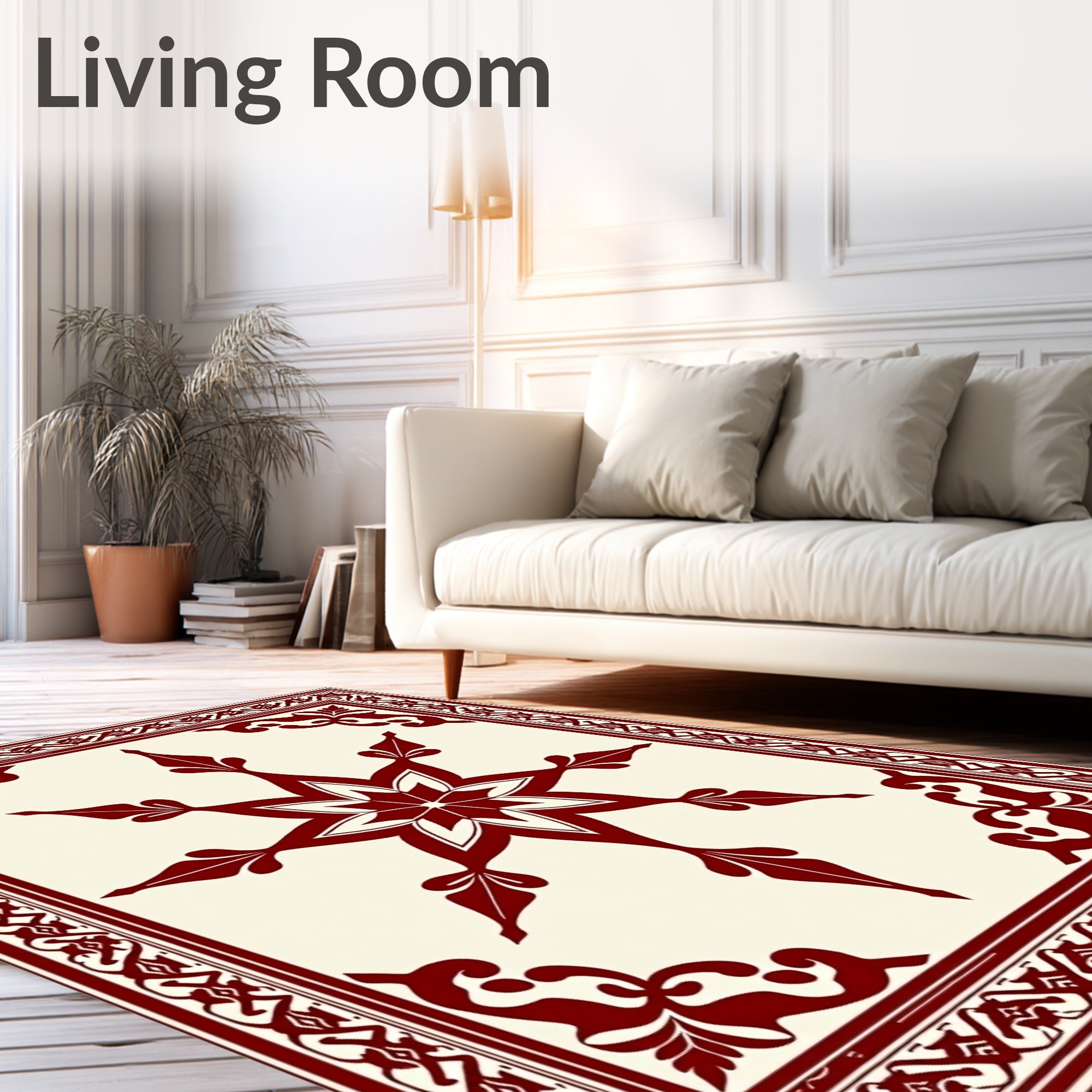 Crimson Starburst and Scrollwork Border Rug