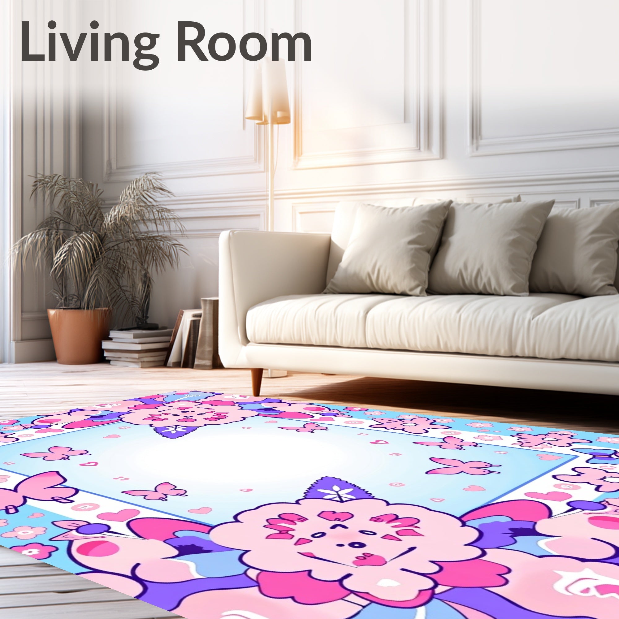 Whimsical Pink Floral Butterfly Border Rug