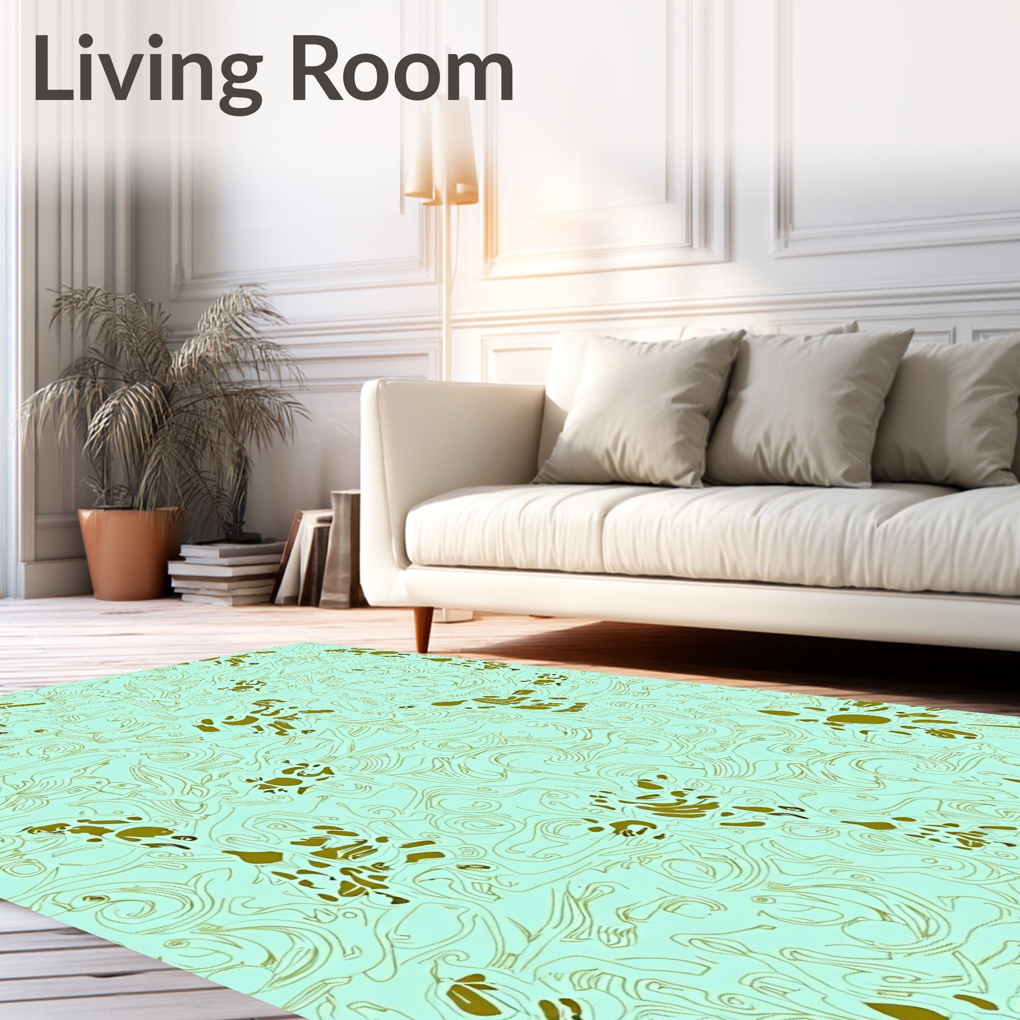 Abstract Gold Swirl Floral Aquamarine Rug