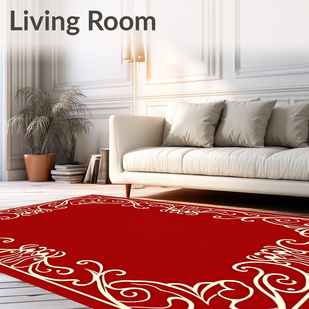 Ornate Ivory Scrolling Floral Frame Rug