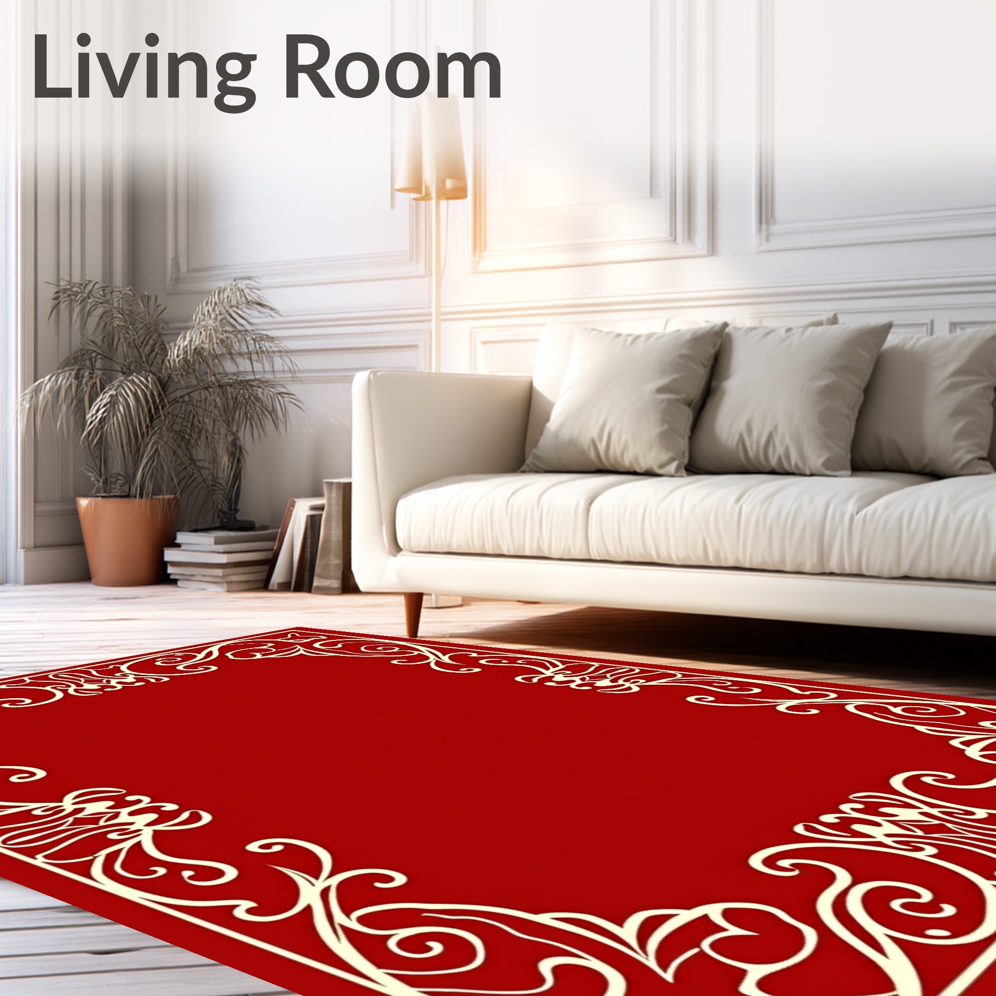 Ornate Ivory Scrolling Floral Frame Rug