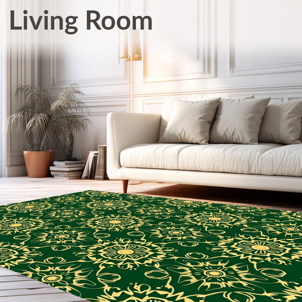 Emerald Green Gold Floral Medallion Layout Rug