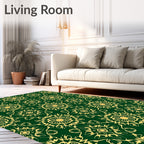 Emerald Green Gold Floral Medallion Layout Rug