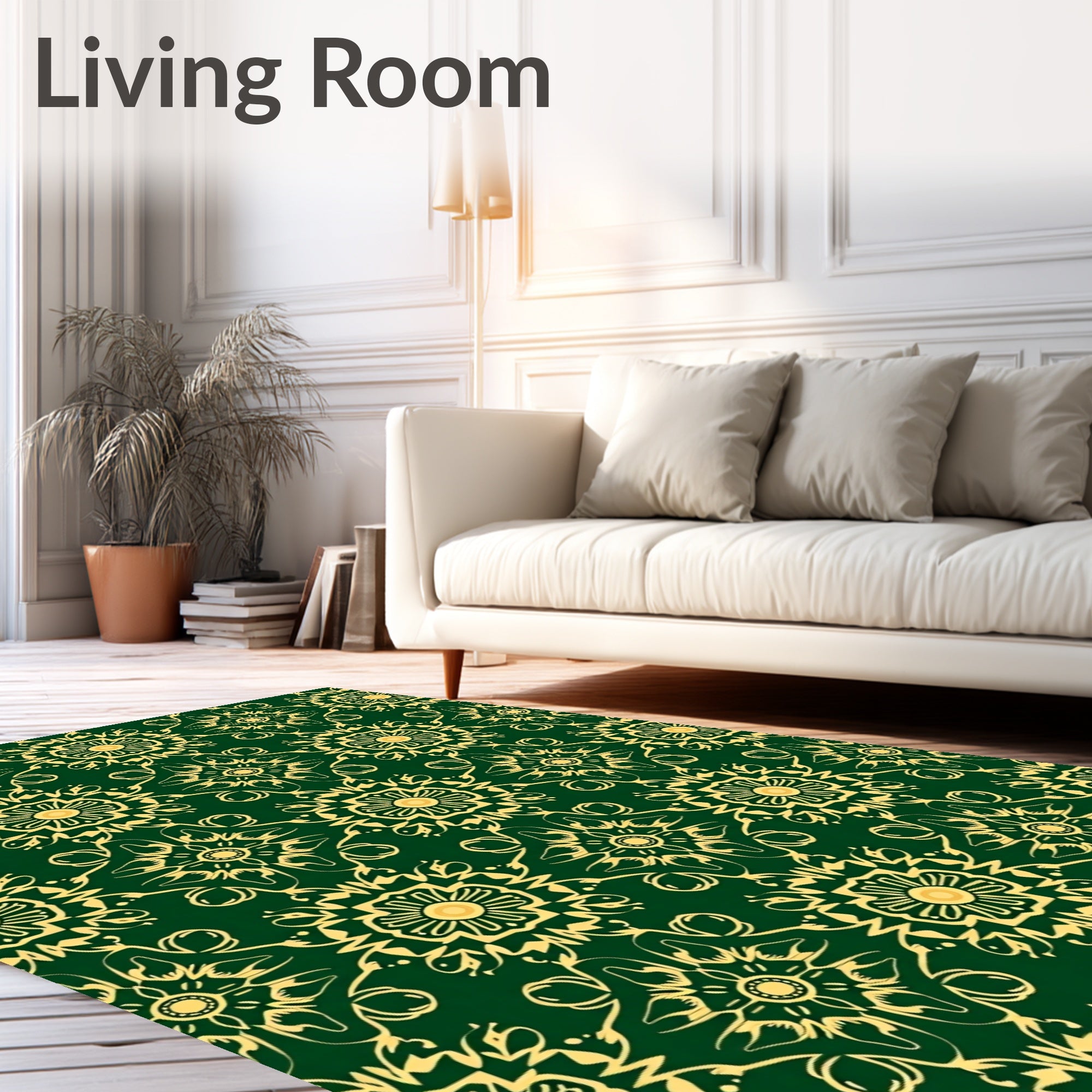Emerald Green Gold Floral Medallion Layout Rug