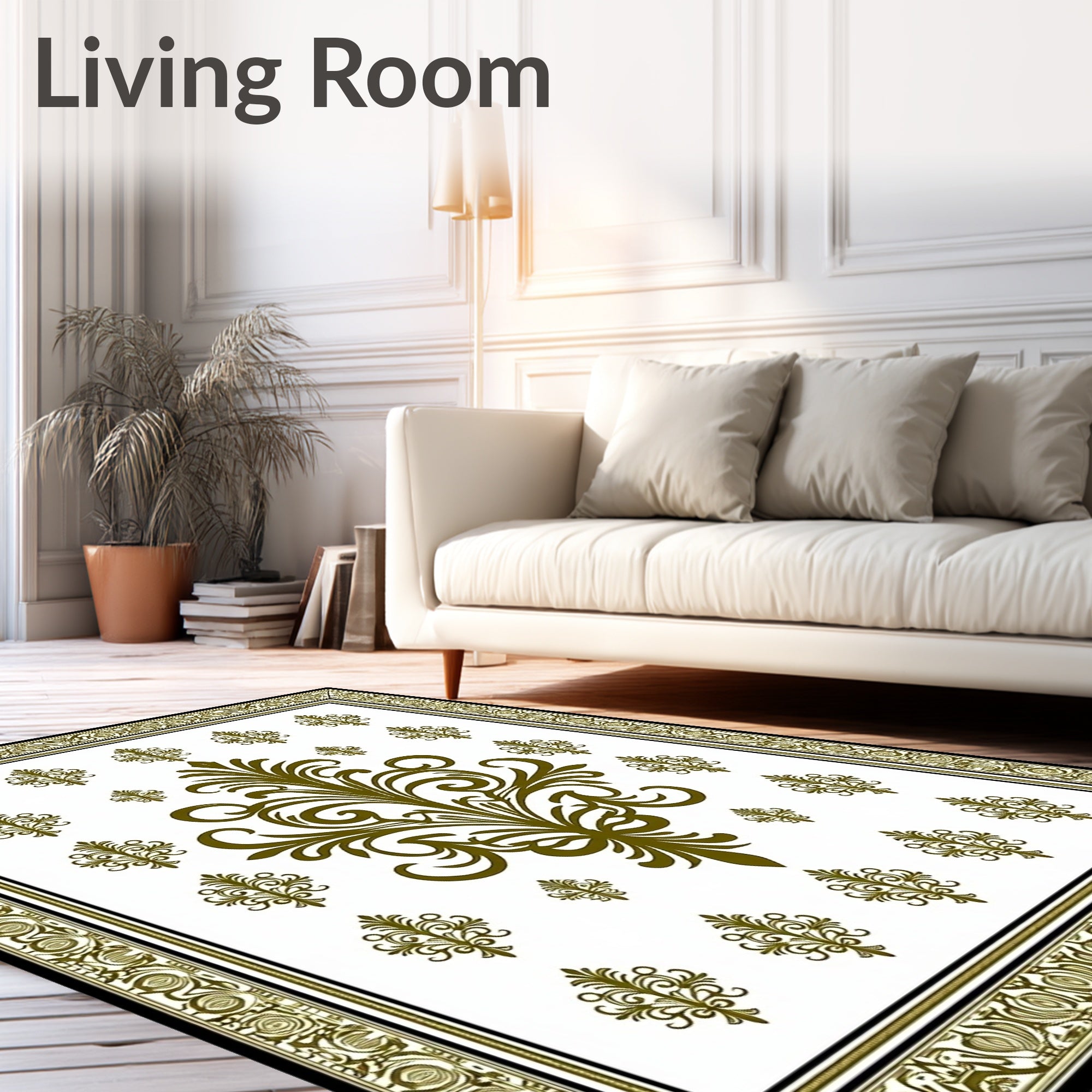 Golden Olive Damask Scrollwork Medallion Rich Rug