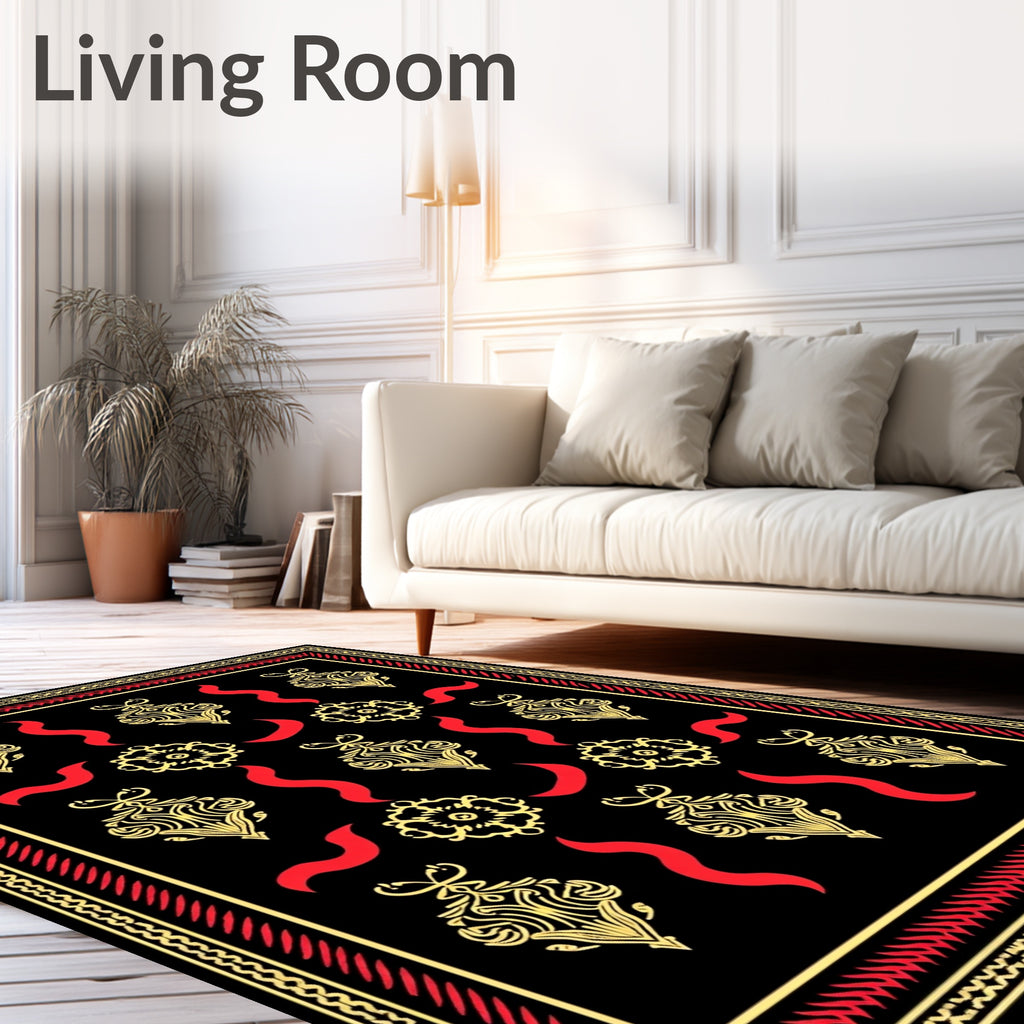 Black Gold Red Ornate Flourish Swirl Rug