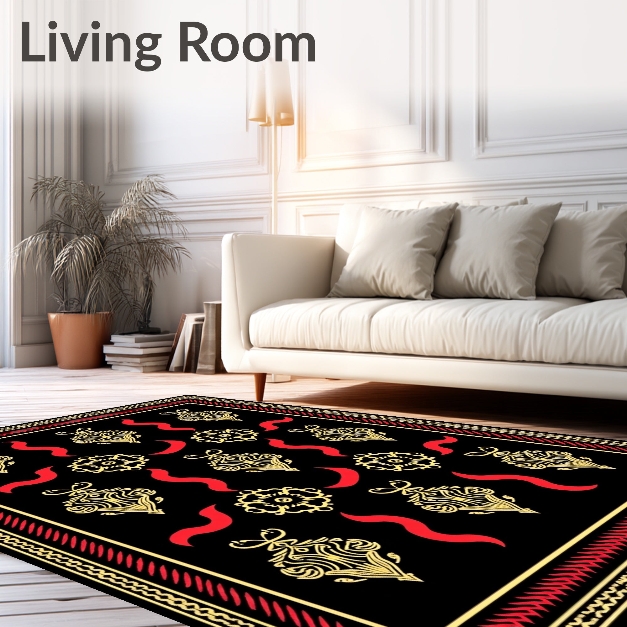 Black Gold Red Ornate Flourish Swirl Rug