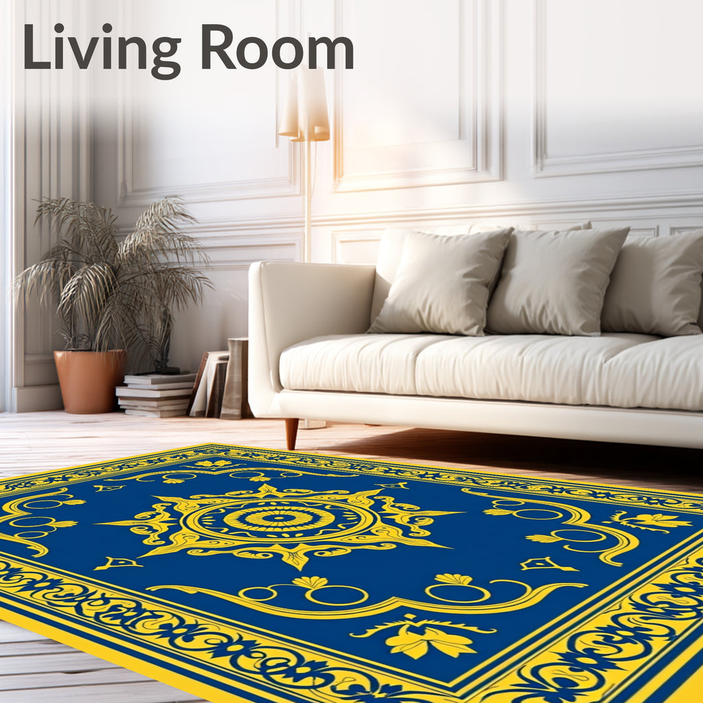 Royal Blue And Gold Medallion Emblem Rug