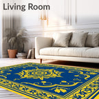 Royal Blue And Gold Medallion Emblem Rug