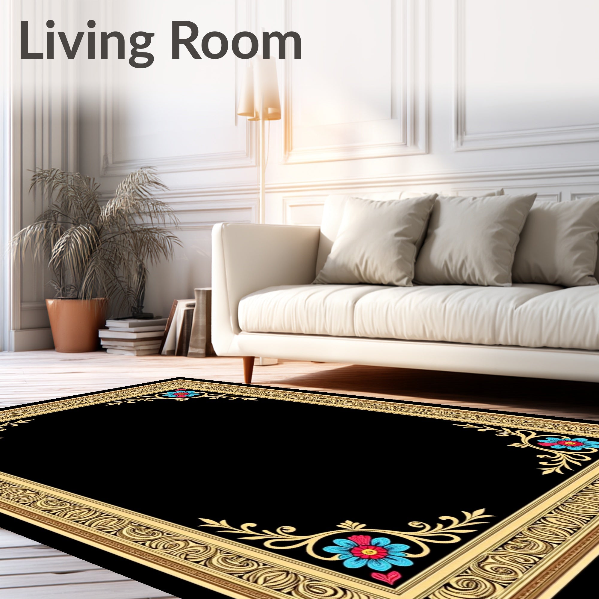 Golden Ornate Floral Corner Accent Rug