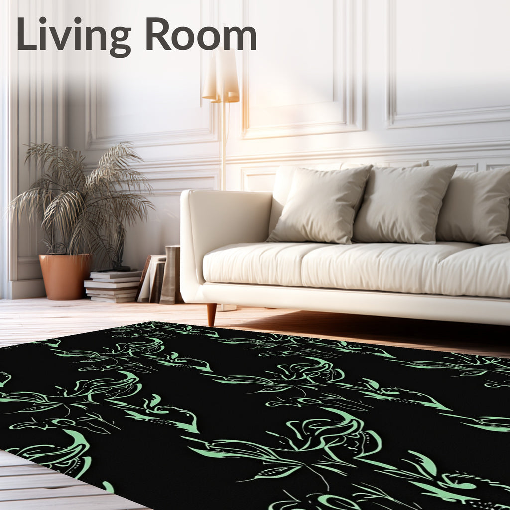 Light Green Floral Sketch on Black Rug