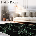 Light Green Floral Sketch on Black Rug
