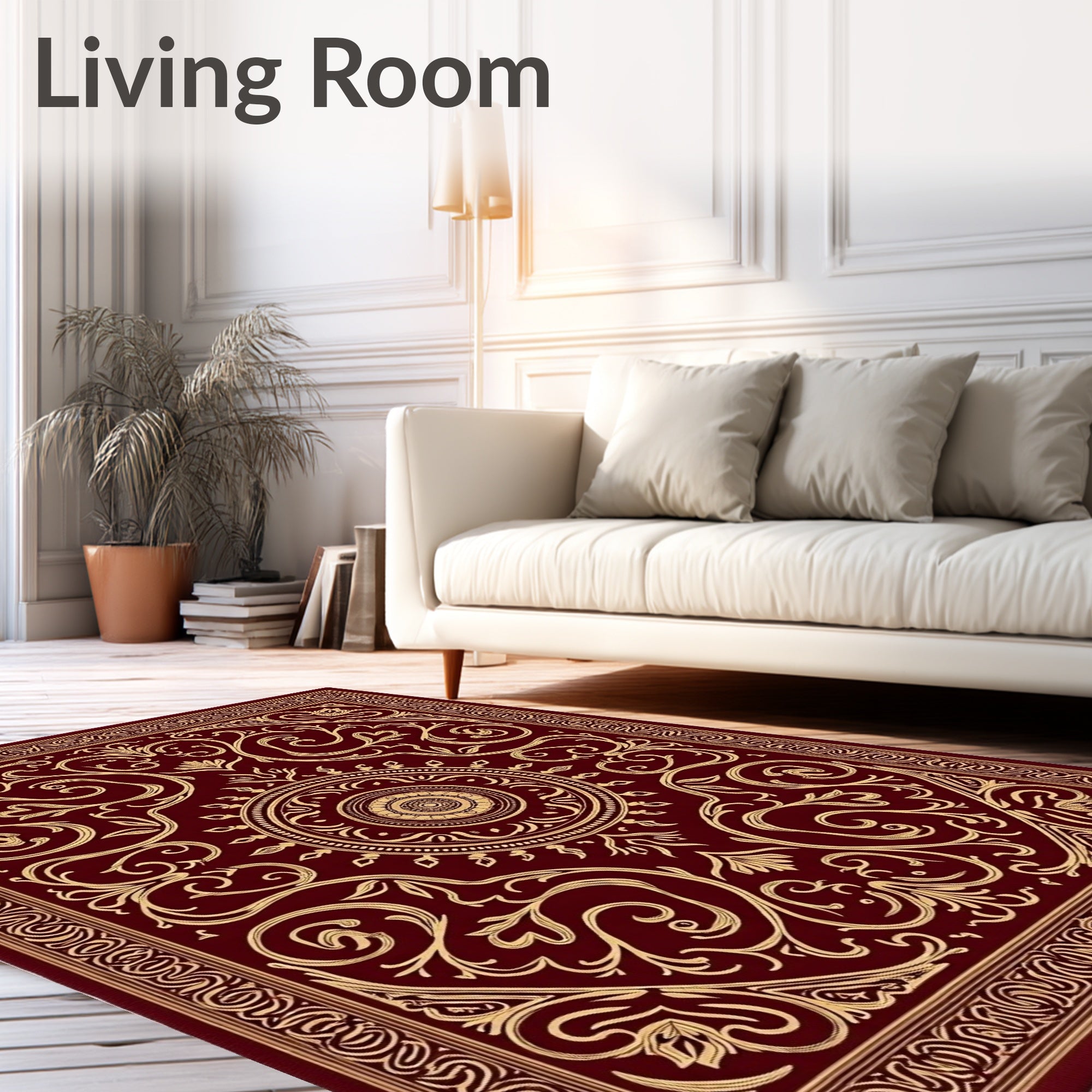Rich Crimson Golden Floral Medallion Rug