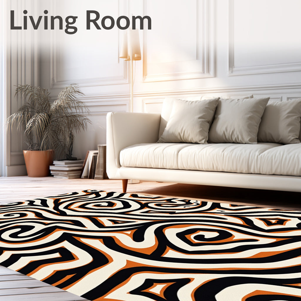 Bold Orange Black Swirl Maze Rug