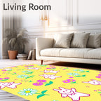 Charming White Bunnies Pink Flowers Yellow Rug