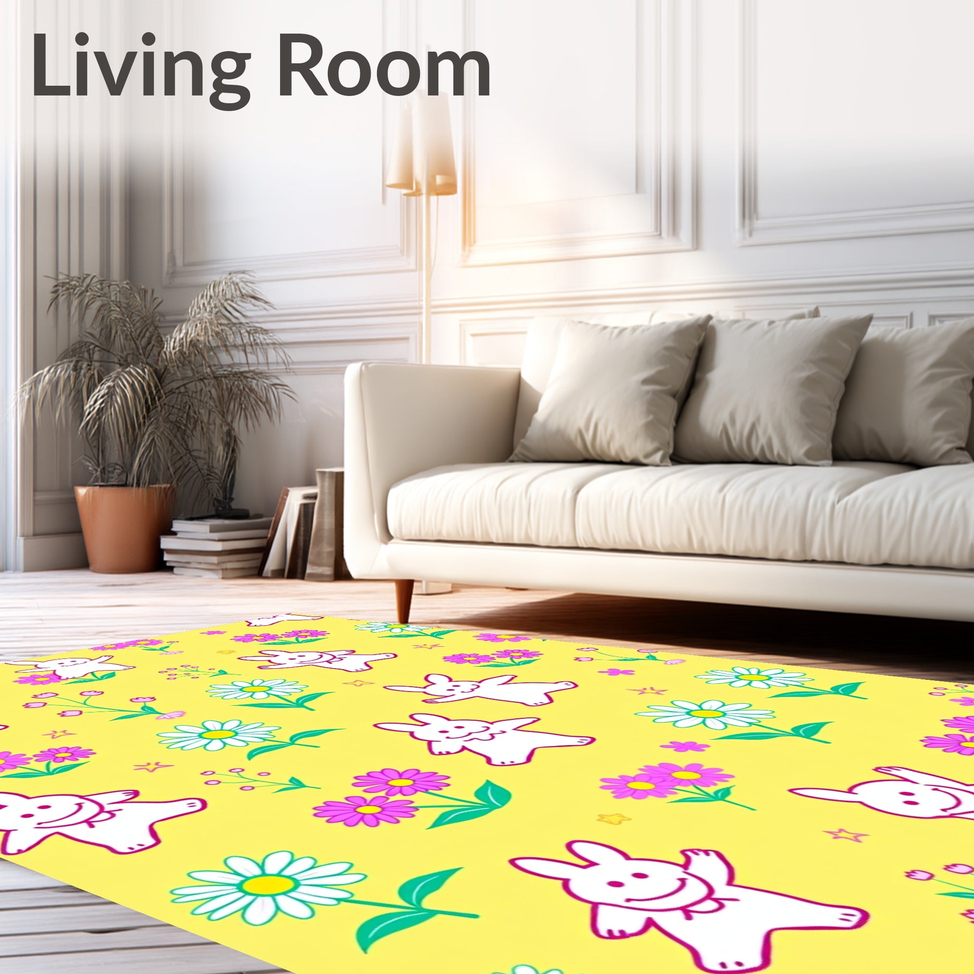 Charming White Bunnies Pink Flowers Yellow Rug