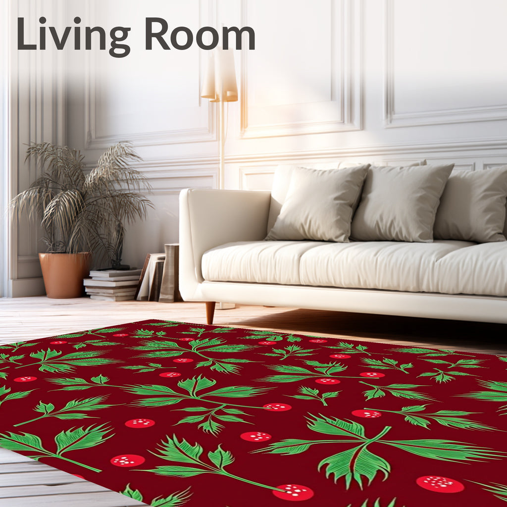Deep Red Green Leaf Berry Garland Rug