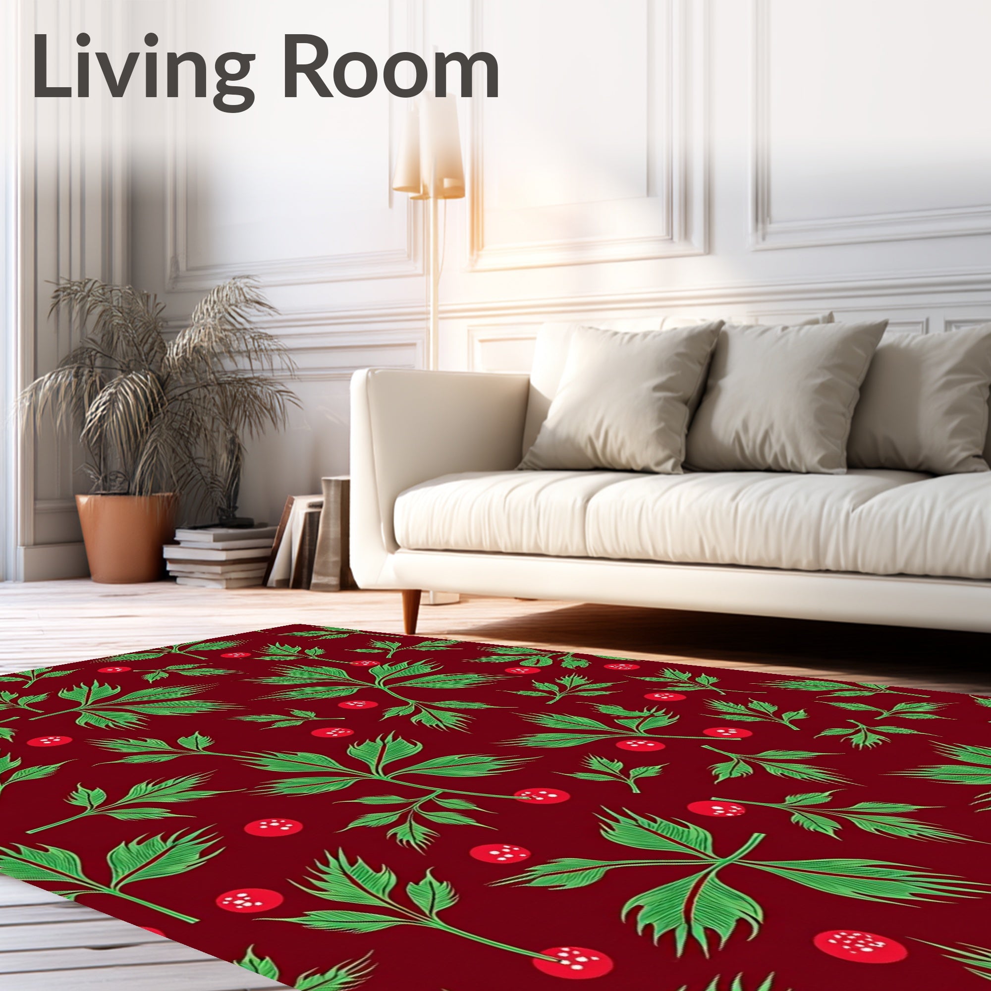 Deep Red Green Leaf Berry Garland Rug