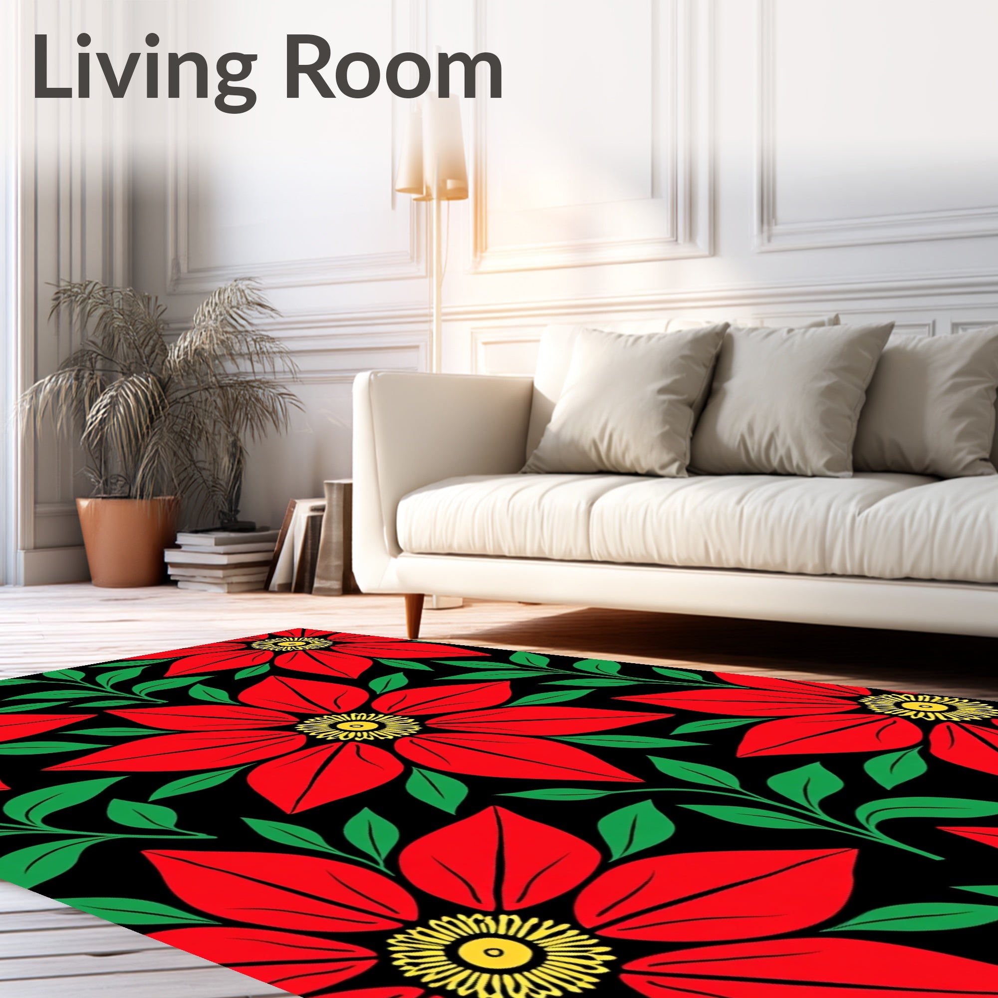 Vivid Red Floral Botanical Black Rug