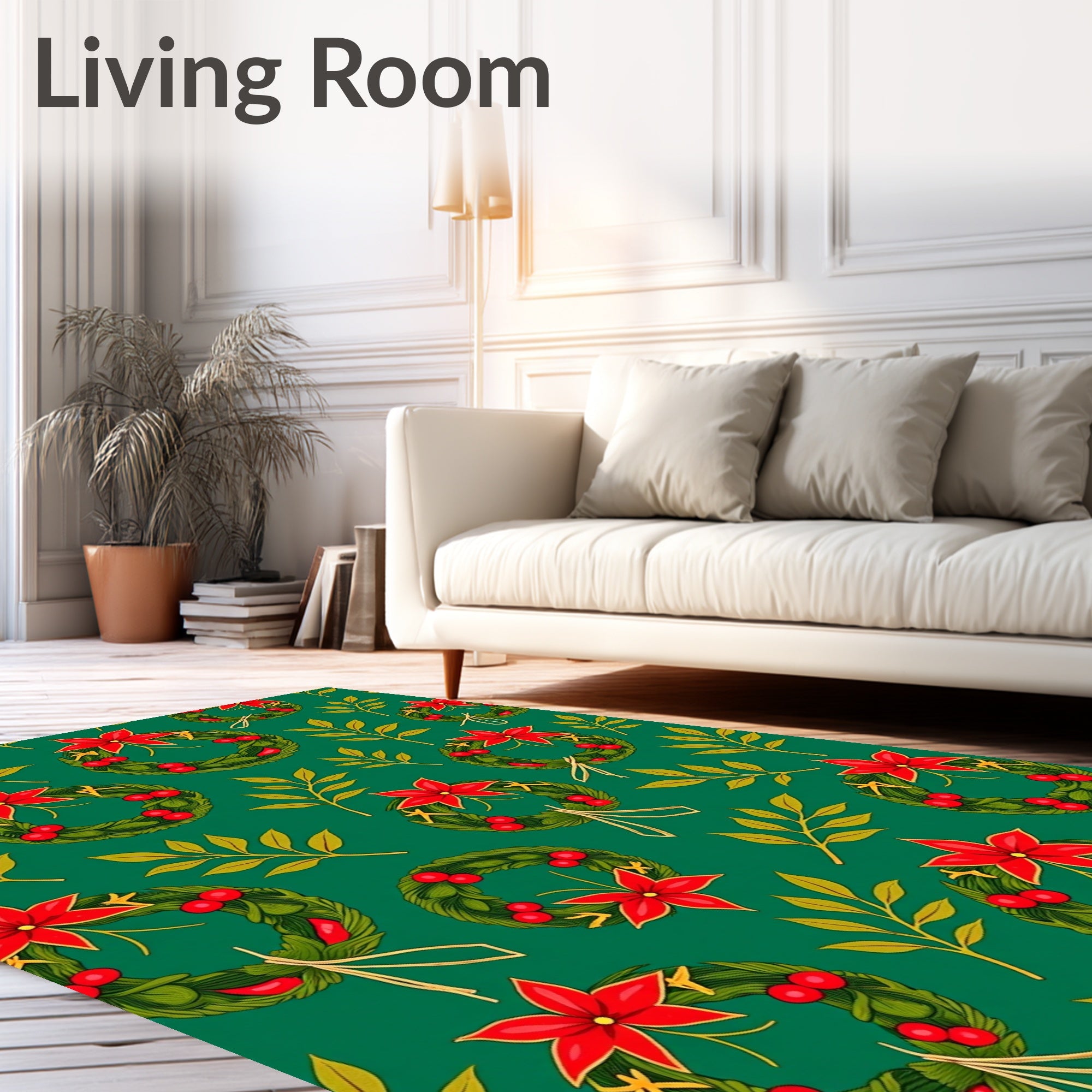 Festive Green Wreath Poinsettia Foliage Rug