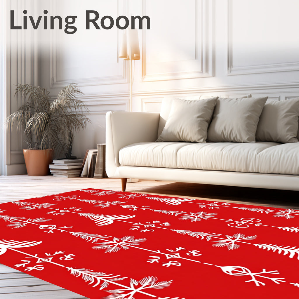 Red White Nordic Tree Snowflake Icon Rug