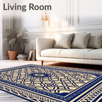 Deep Blue Cream Geometric Intricate Border Rug
