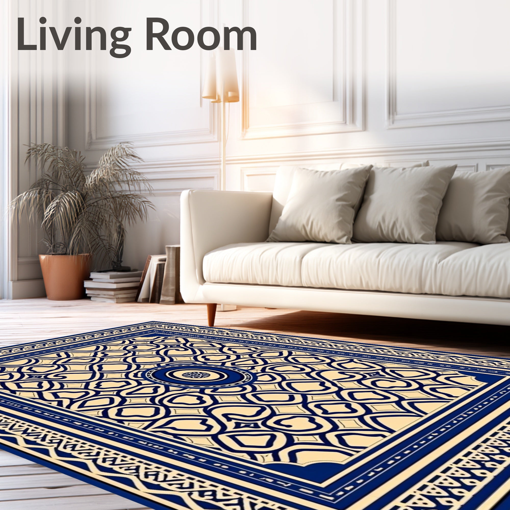 Deep Blue Cream Geometric Intricate Border Rug