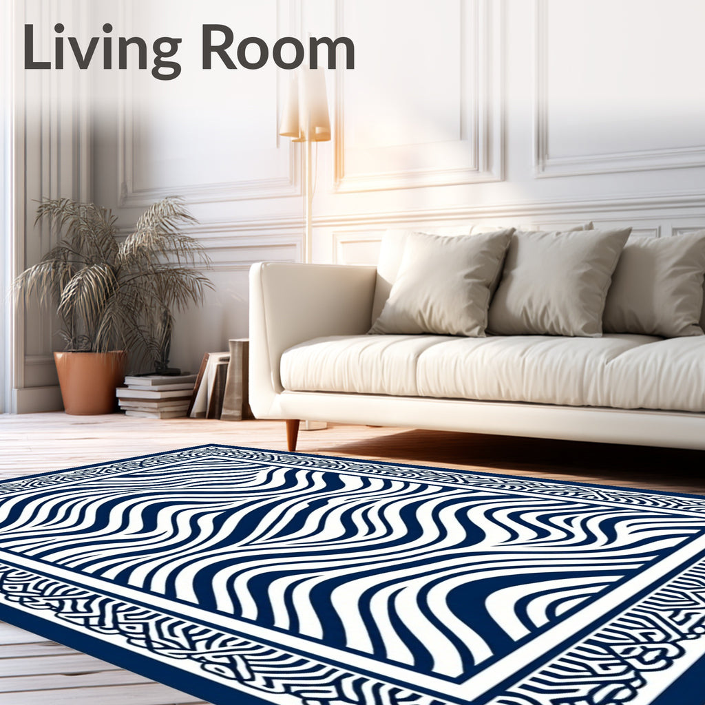Navy White Abstract Wave Border Rug