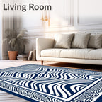 Navy White Abstract Wave Border Rug