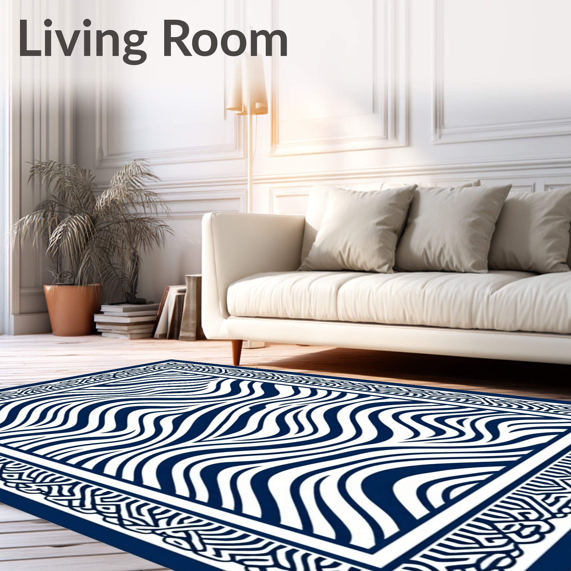 Navy White Abstract Wave Border Rug