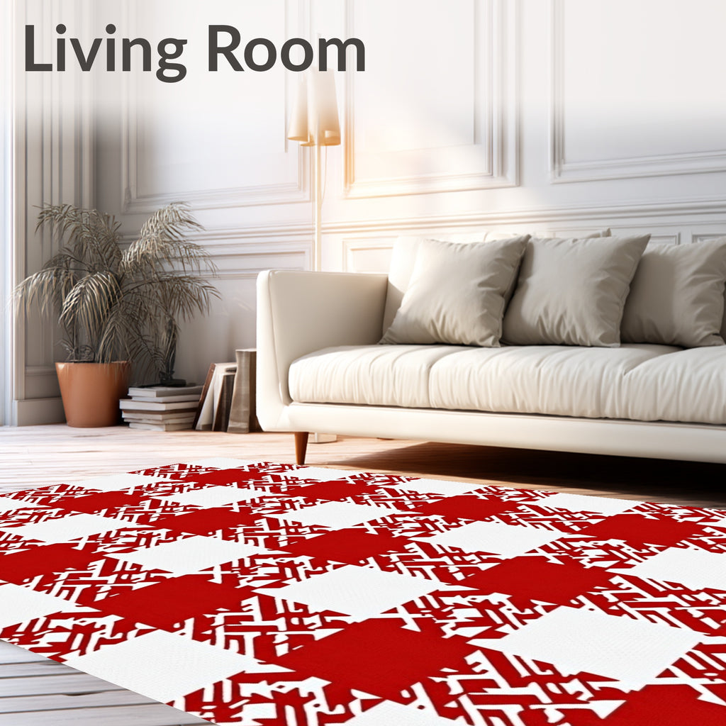 Bold Red White Abstract Checkered Rug
