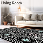 Art Nouveau Floral Black Pink Blue Rug