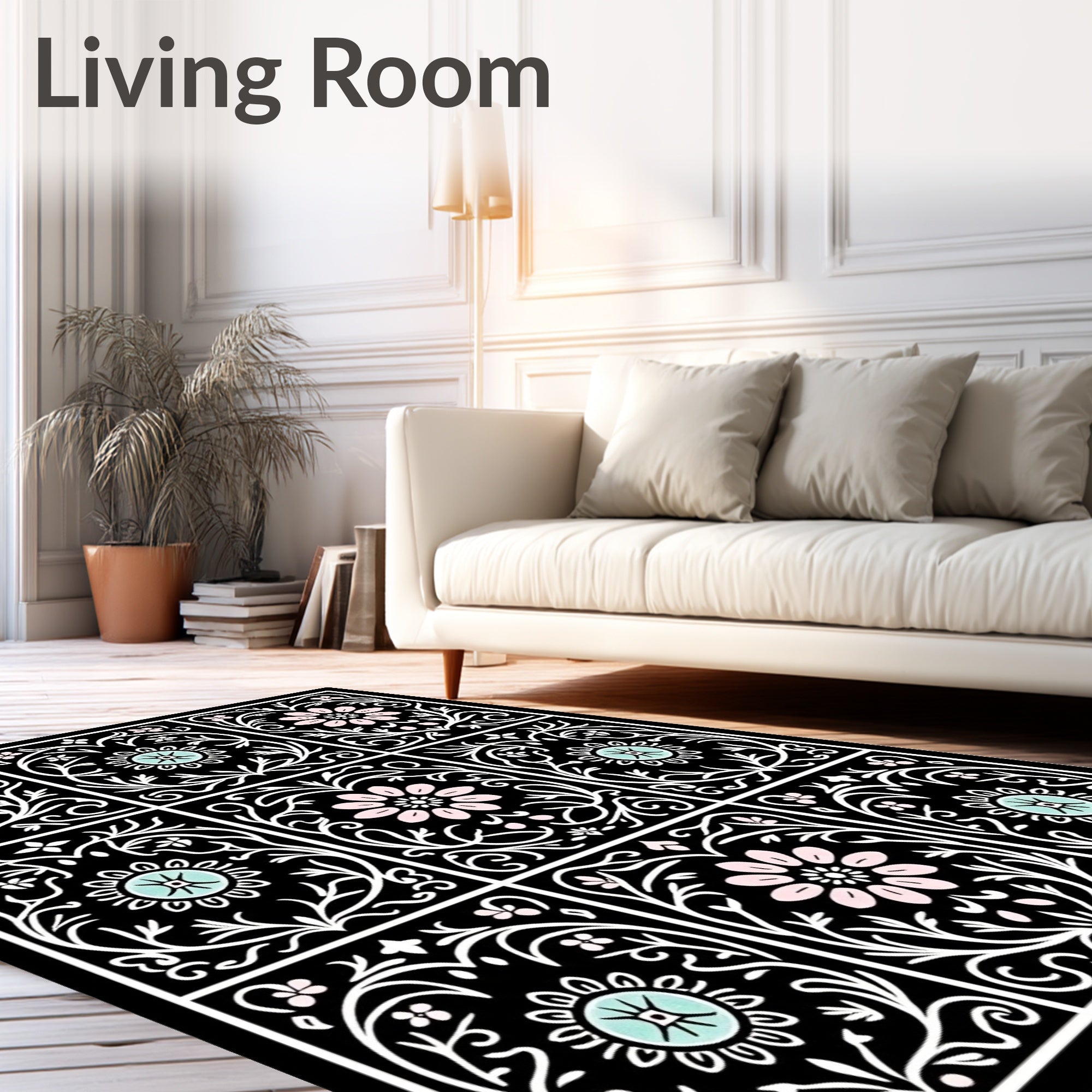 Art Nouveau Floral Black Pink Blue Rug