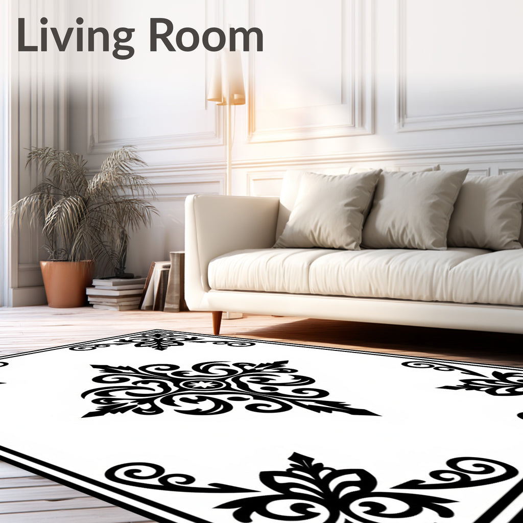 Black and White Floral Scroll Medallion Rug