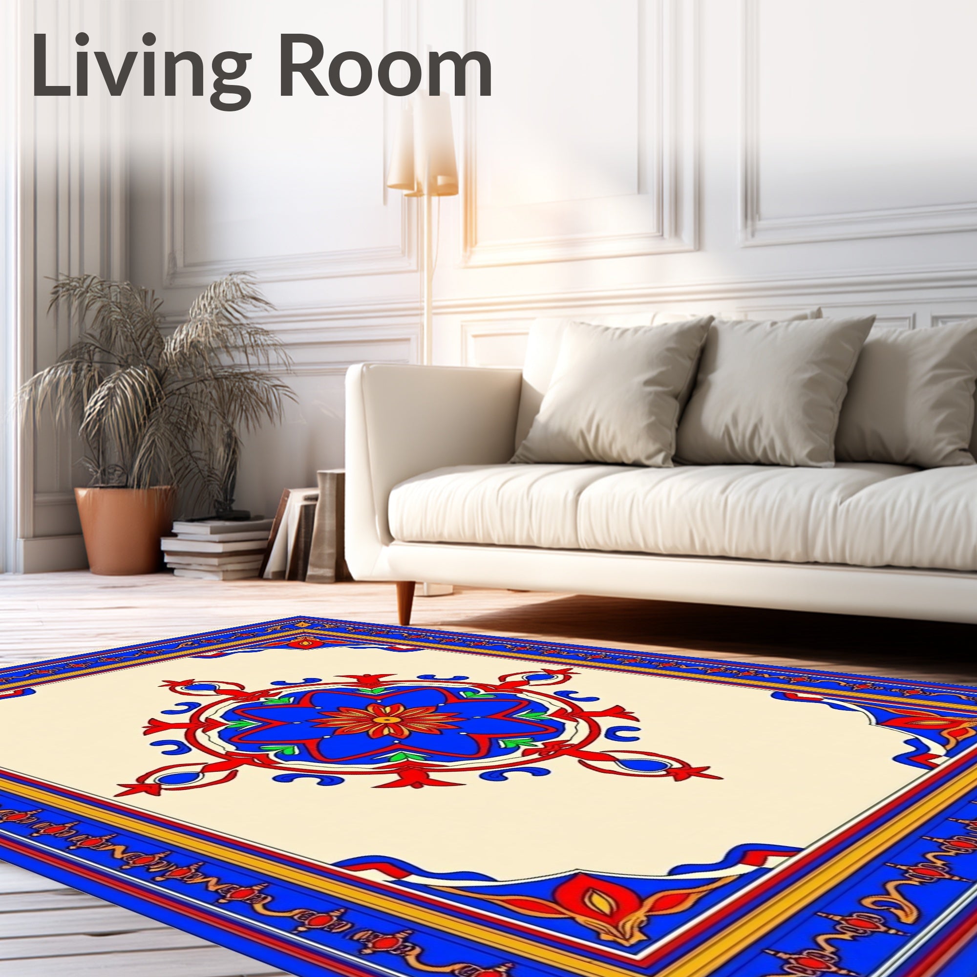 Bold Blue Red Floral Medallion Border Rug