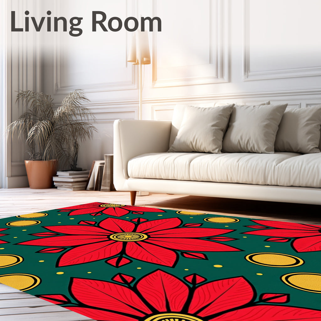 Vibrant Red Floral Circles Emerald Rug