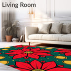 Vibrant Red Floral Circles Emerald Rug