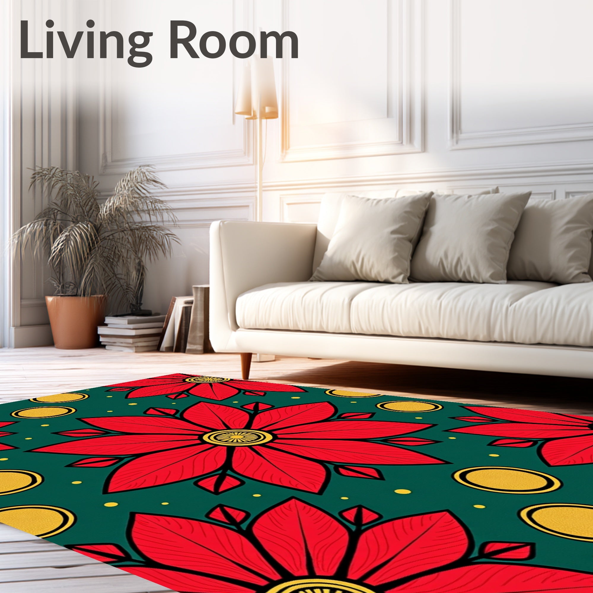 Vibrant Red Floral Circles Emerald Rug