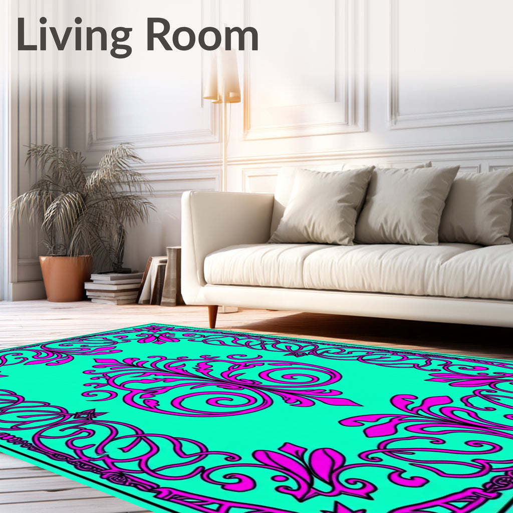 Vibrant Magenta Floral Scroll Border Rug