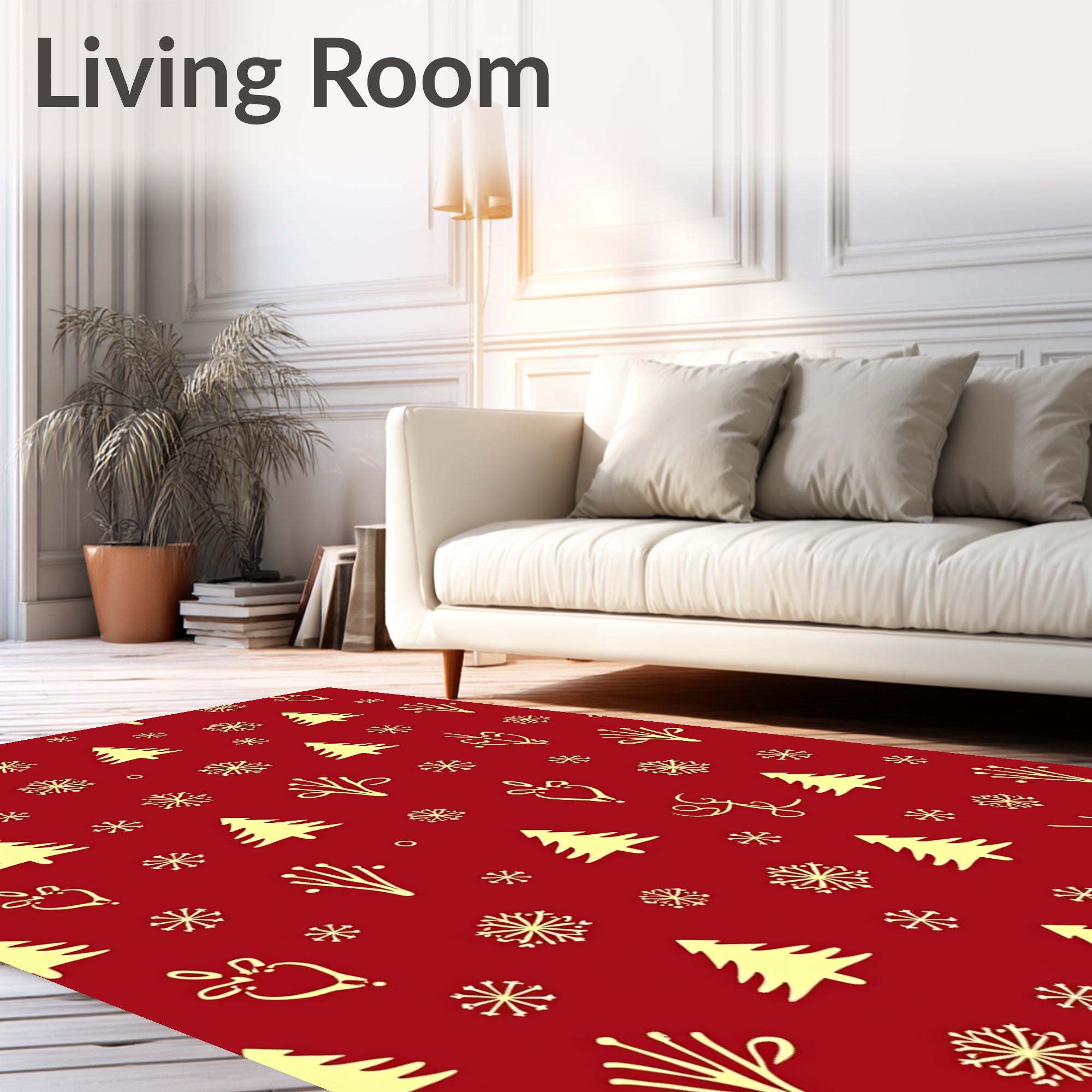 Festive Red Yellow Christmas Trees Snowflakes Rug