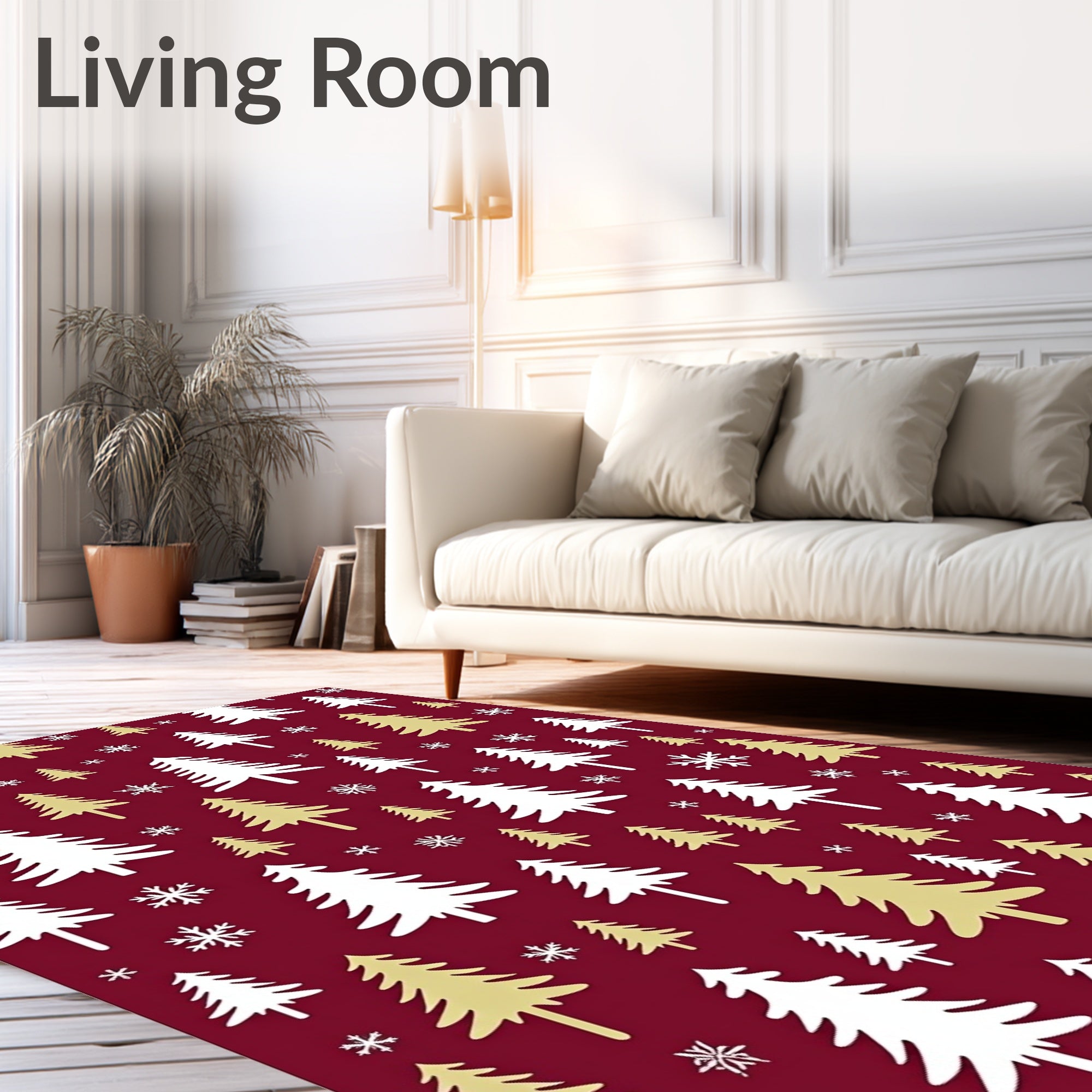 Festive White Gold Pine Trees Rug
