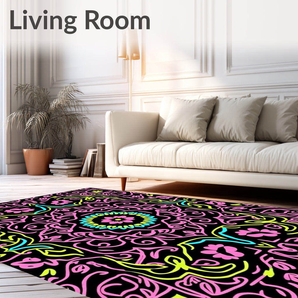 Vibrant Pink Cyan Neon Floral Medallion Rug