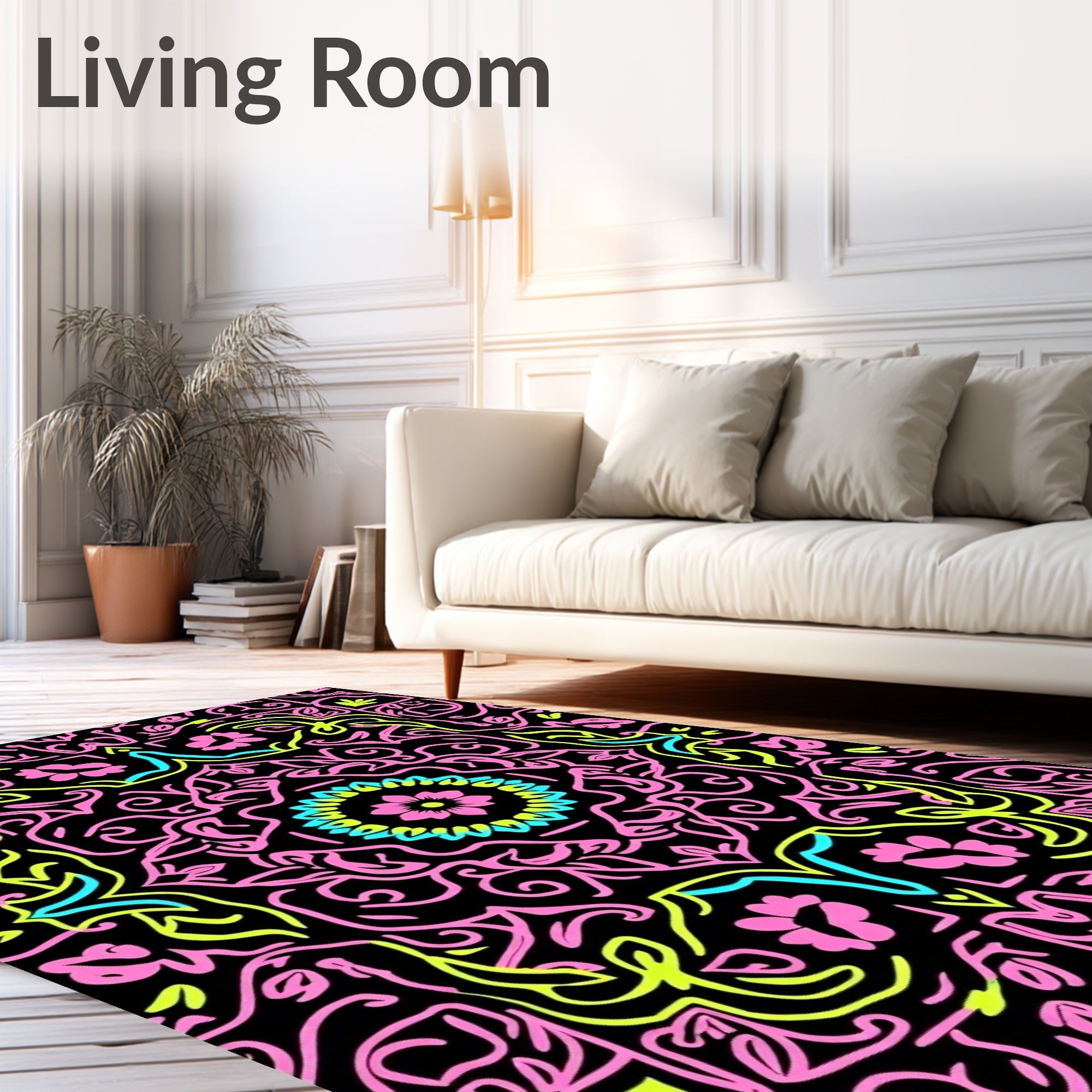 Vibrant Pink Cyan Neon Floral Medallion Rug