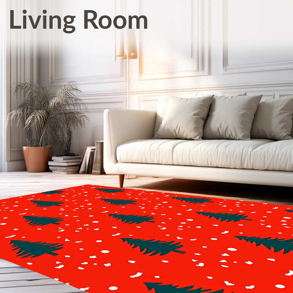 Christmas Trees Snow Red Background Rug