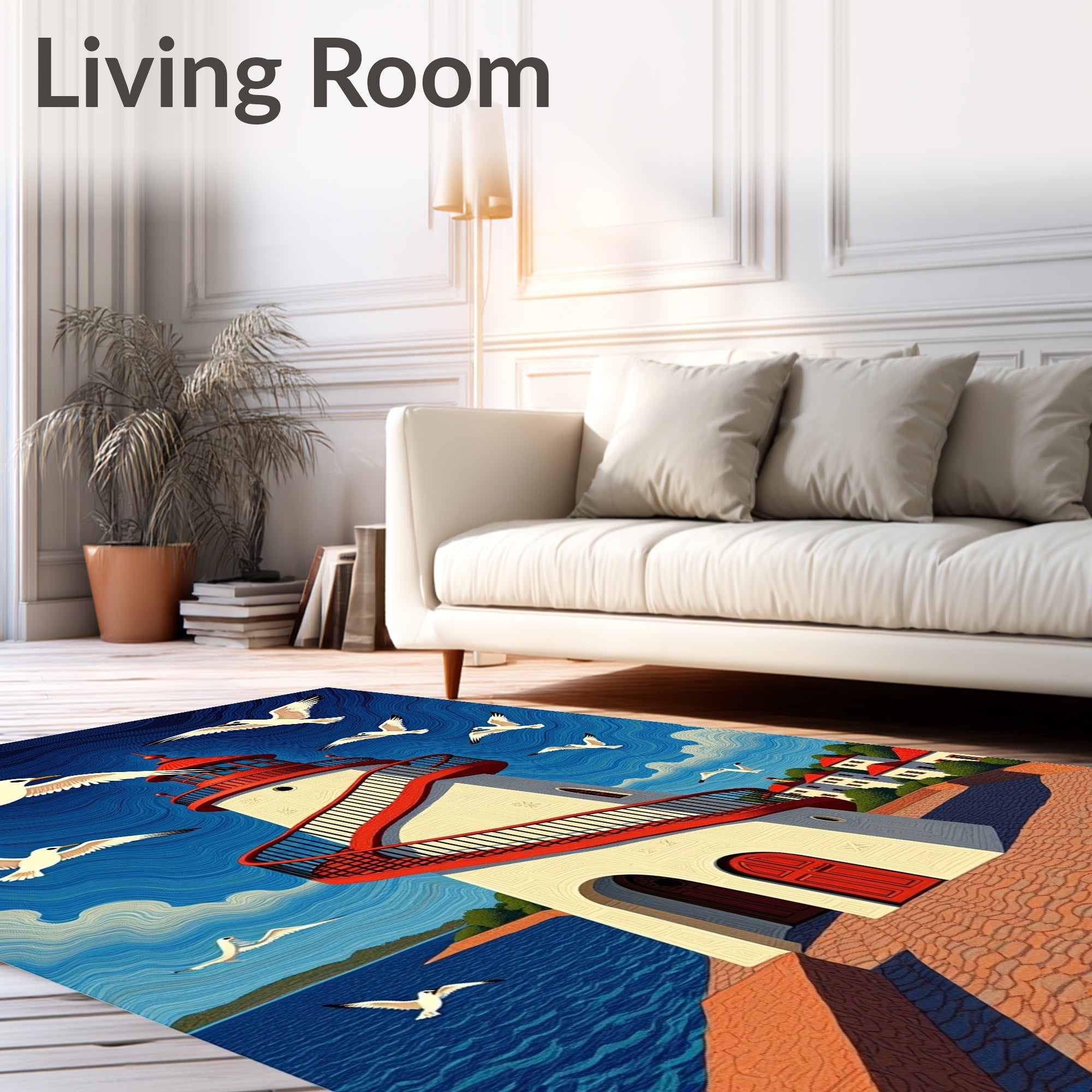 Seagulls Above Coastal Lighthouse Scene Rug